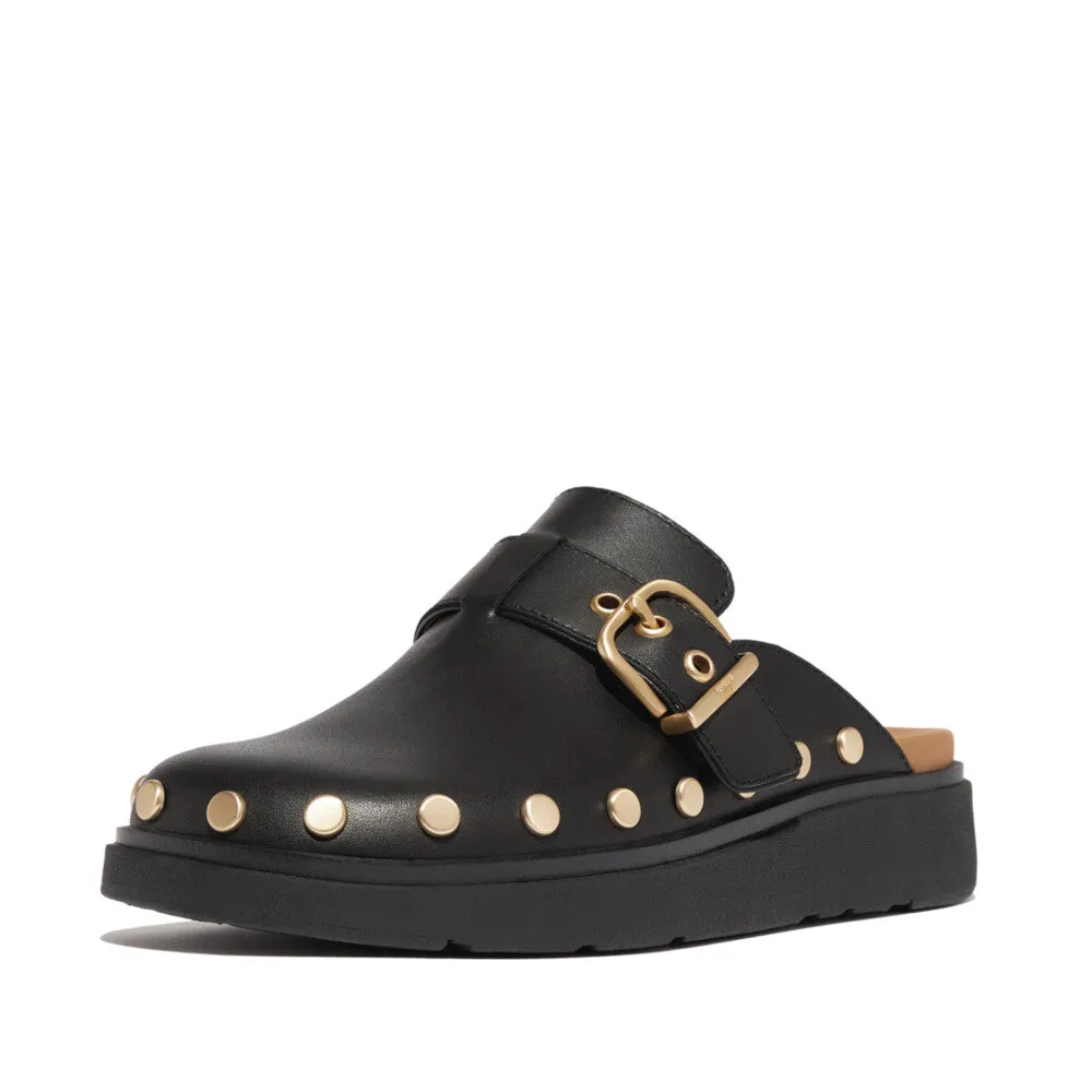 Fitflop Gen-FF Buckle Flat-Stud Leather Mule Black