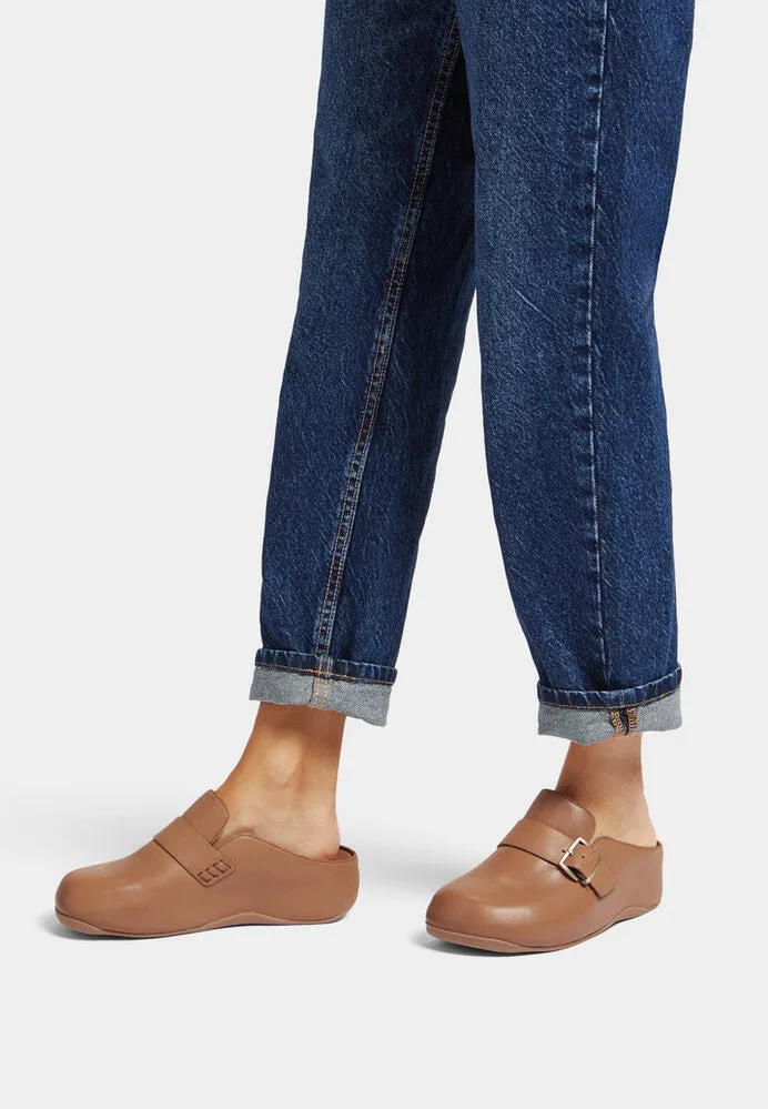 FitFlop Shuv Buckle Latte Tan Leather Clogs