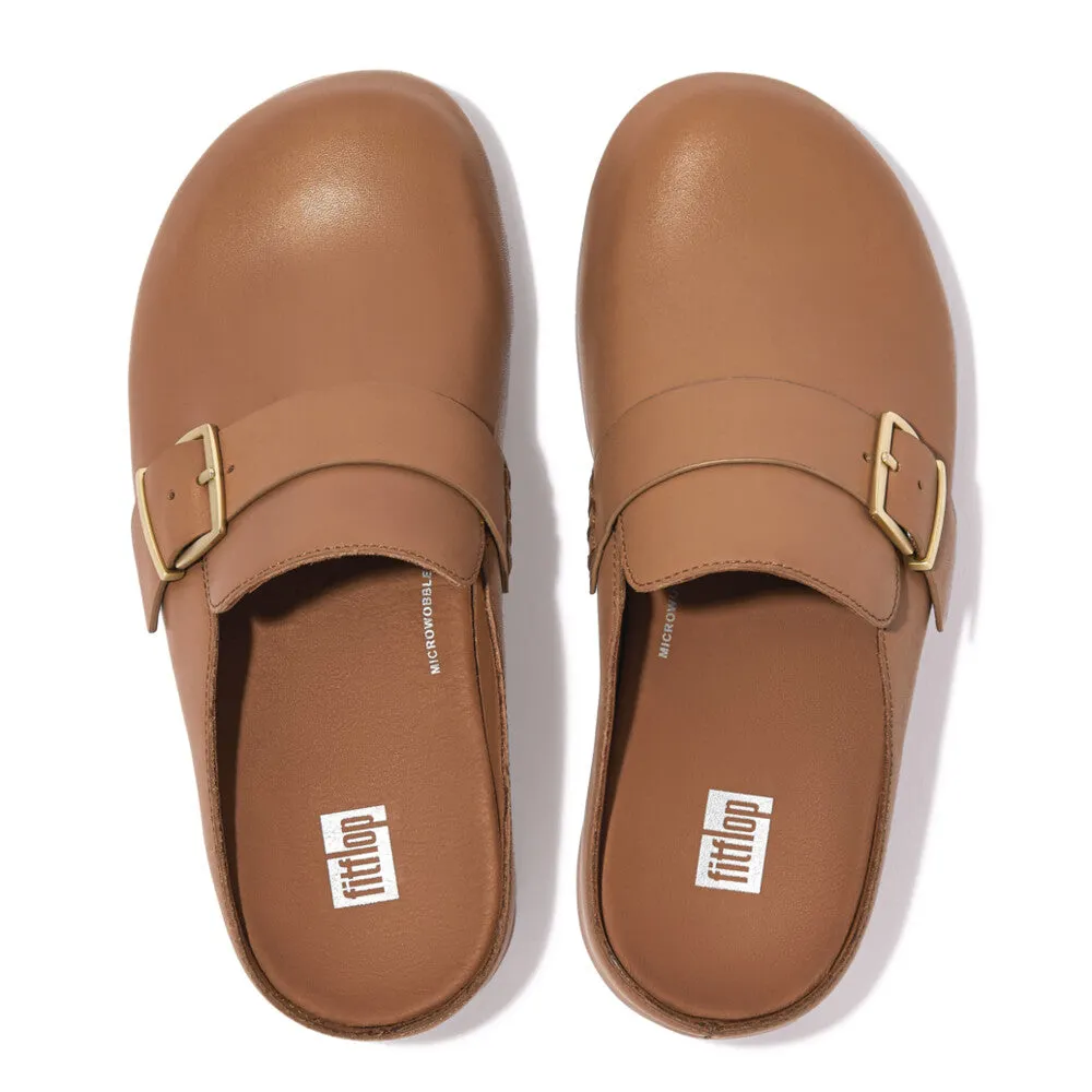 FitFlop Shuv Buckle Latte Tan Leather Clogs
