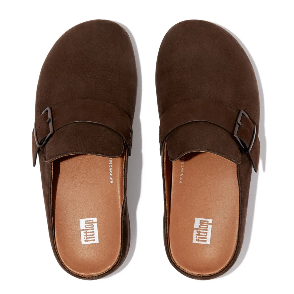 FitFlop Shuv Buckle-Strap Nubuck Clogs Brown