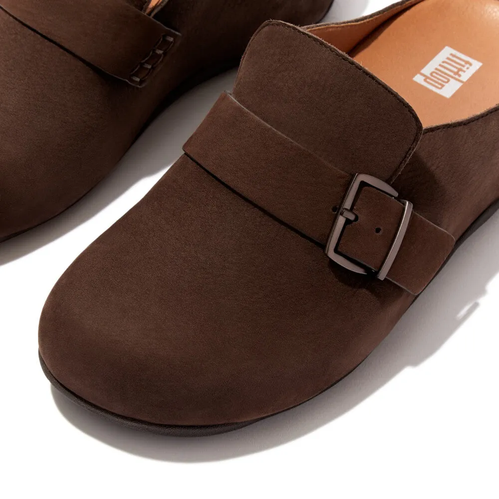 FitFlop Shuv Buckle-Strap Nubuck Clogs Brown