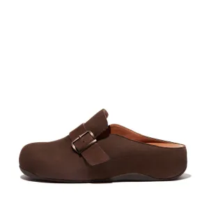 FitFlop Shuv Buckle-Strap Nubuck Clogs Brown