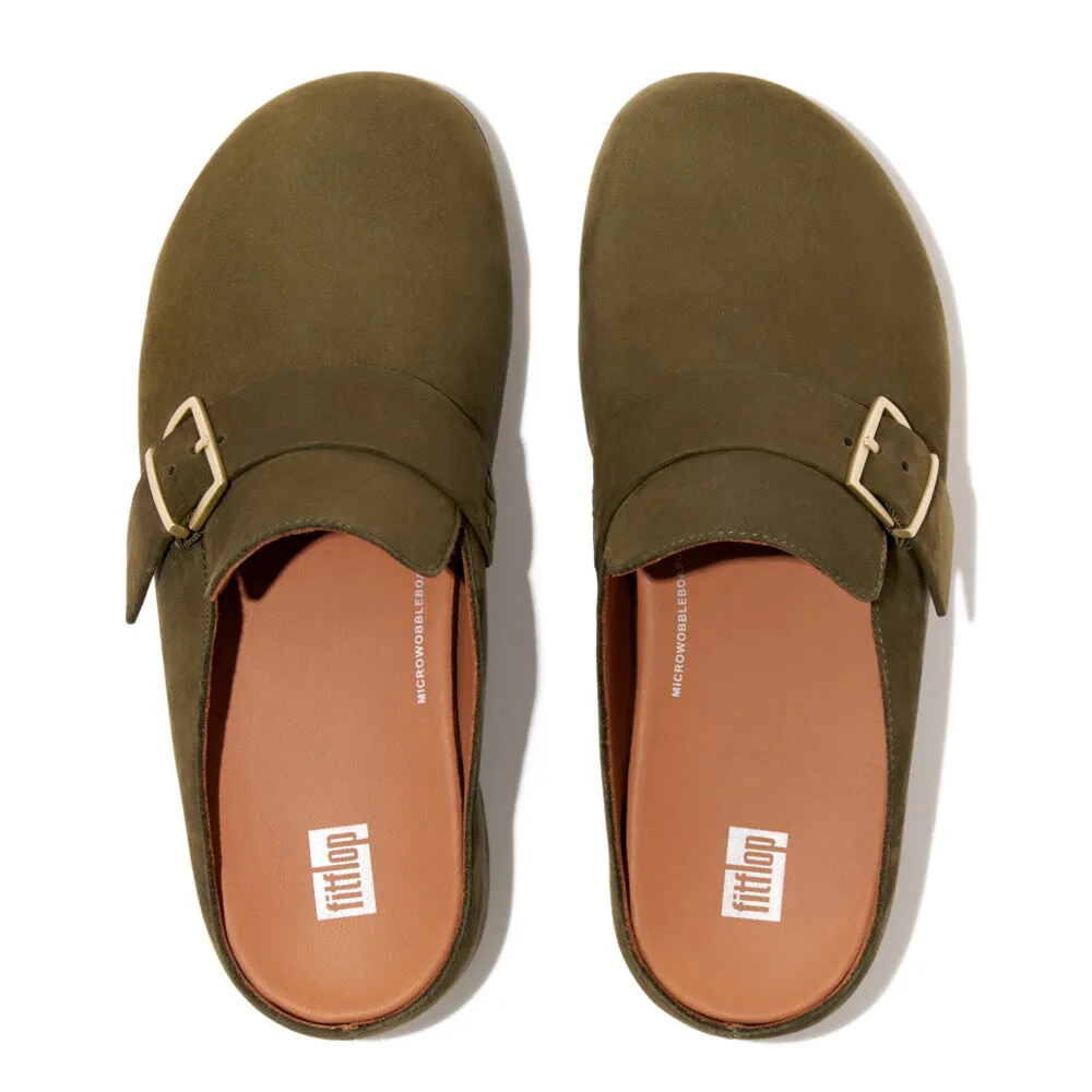 FitFlop Shuv Buckle-Strap Nubuck Clogs Dark Green