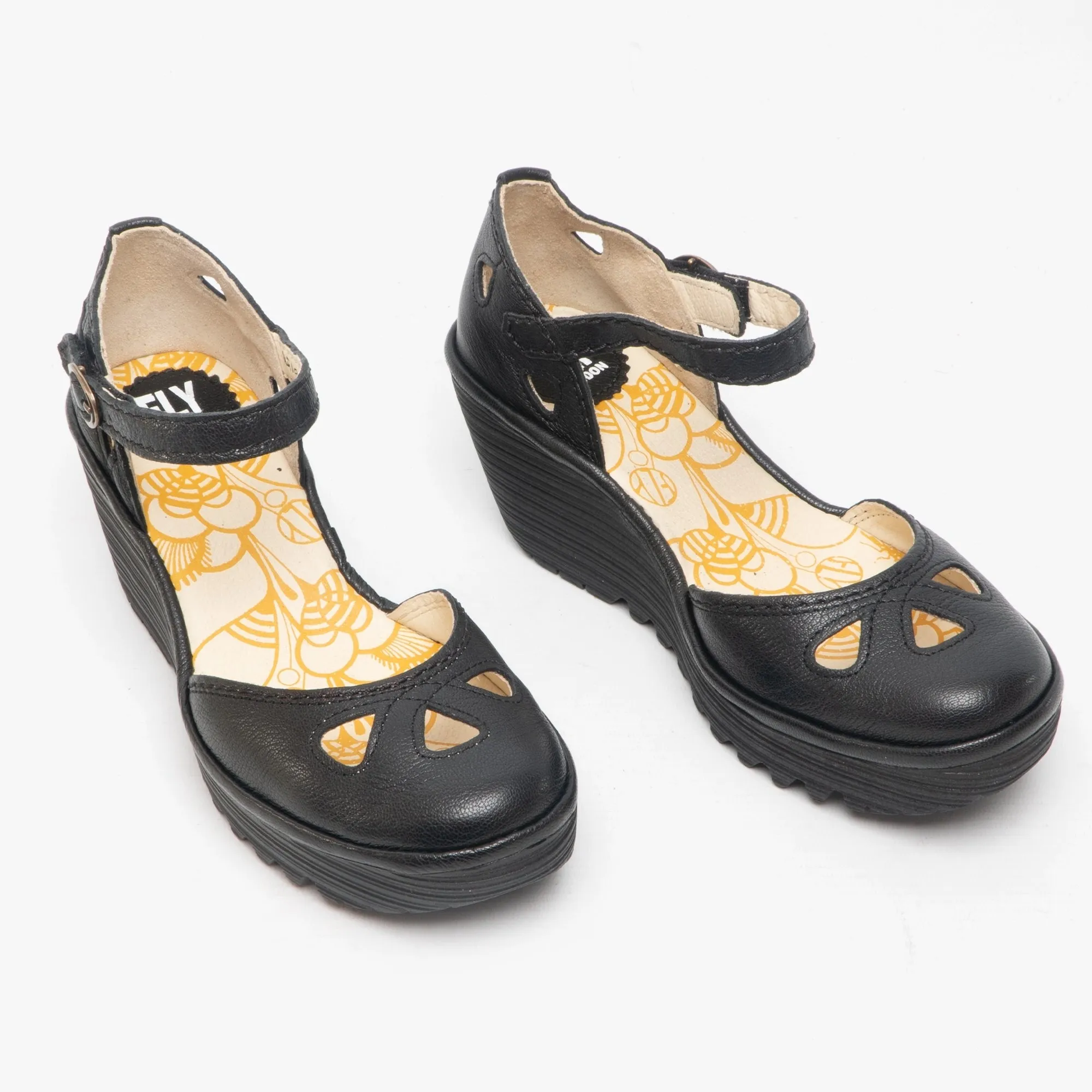 Fly London YUNA Womens Leather Cut Out Wedge Heel Sandals Black