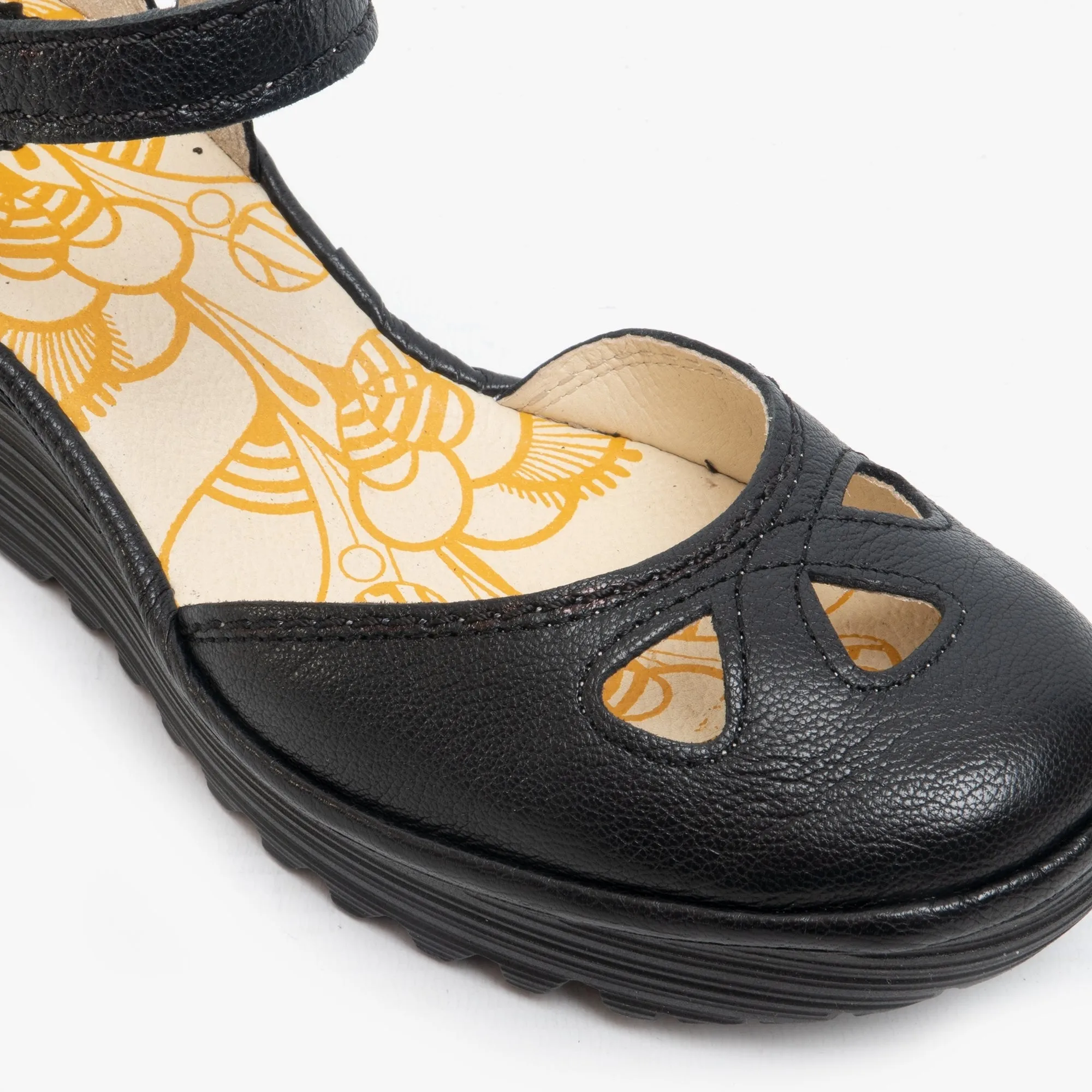 Fly London YUNA Womens Leather Cut Out Wedge Heel Sandals Black