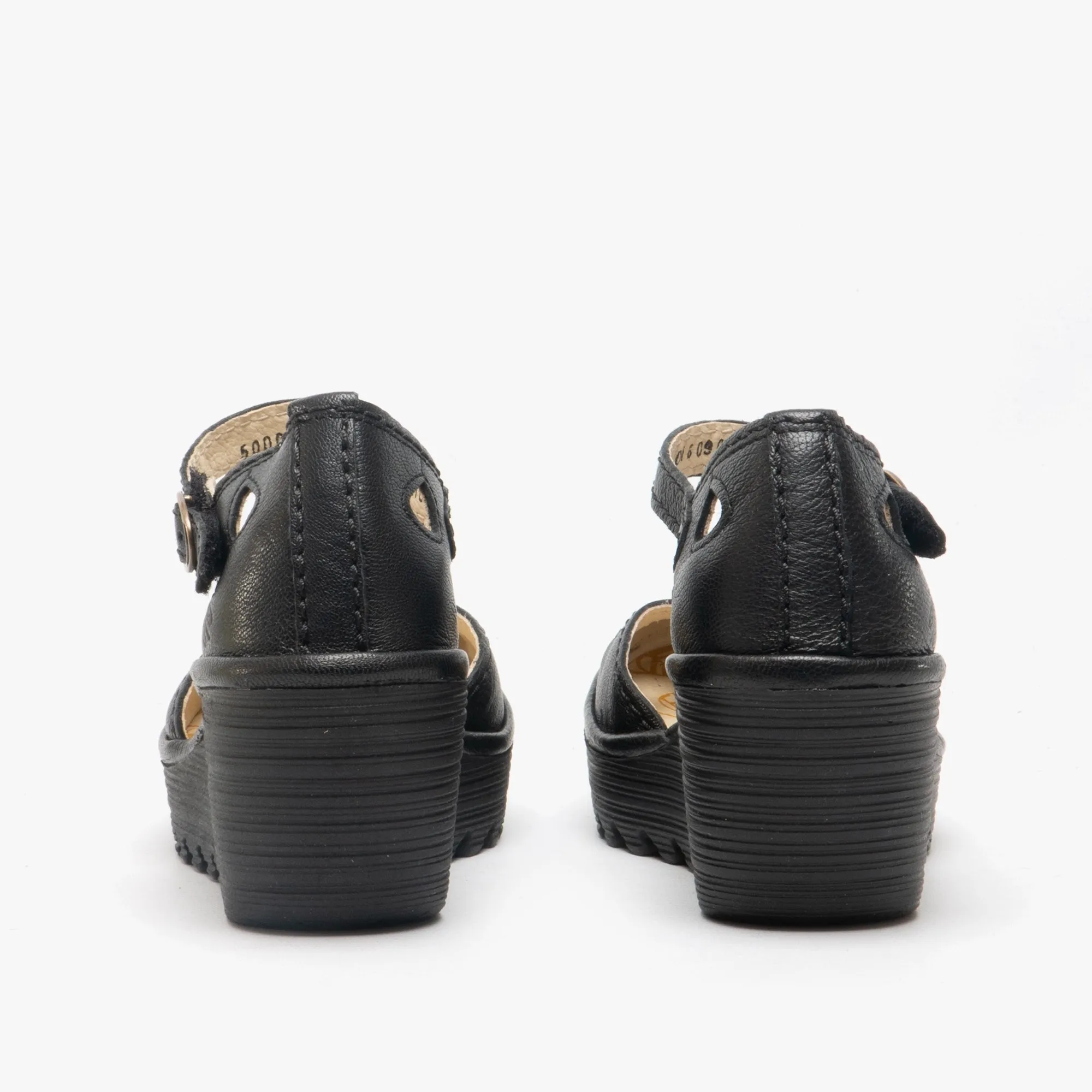 Fly London YUNA Womens Leather Cut Out Wedge Heel Sandals Black