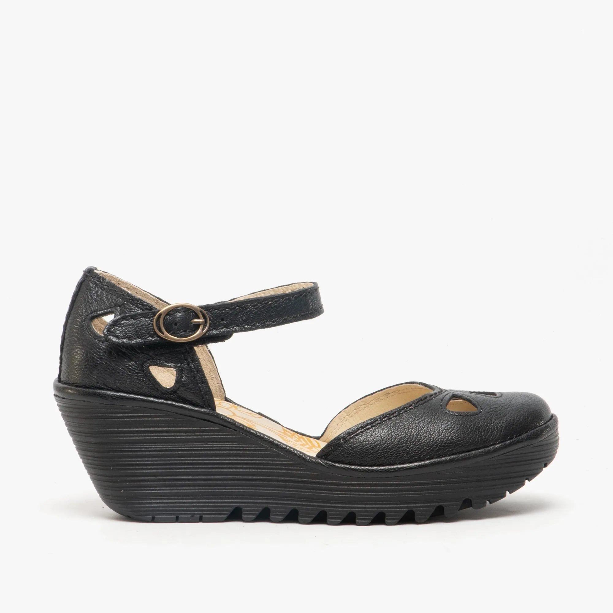 Fly London YUNA Womens Leather Cut Out Wedge Heel Sandals Black