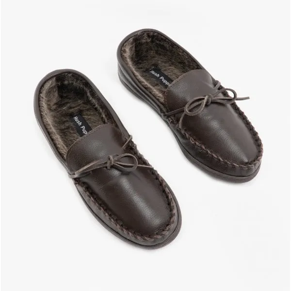 Hush Puppies ACE Mens Leather Mocassin Slippers Brown