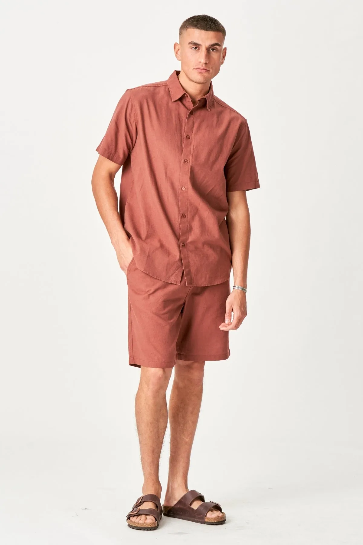 Linen Set Short-Sleeved Shirt   Linen Shorts – Terracotta (Package Deal)