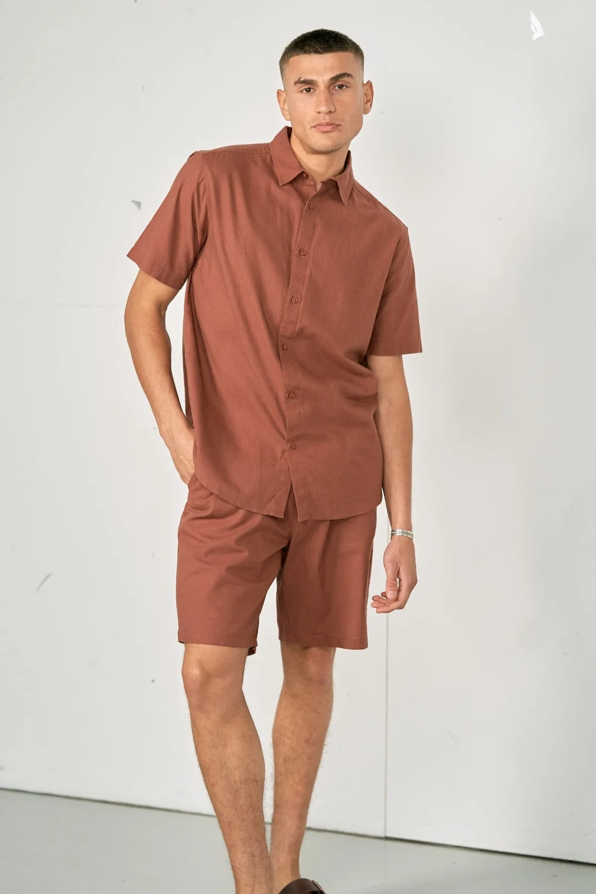 Linen Set Short-Sleeved Shirt   Linen Shorts – Terracotta (Package Deal)